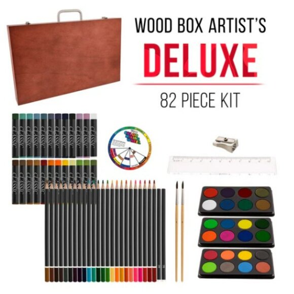 82 Piece-Deluxe Art Creativity Set in Wooden Case with 2 Drawing Pads - Picture 2 of 6